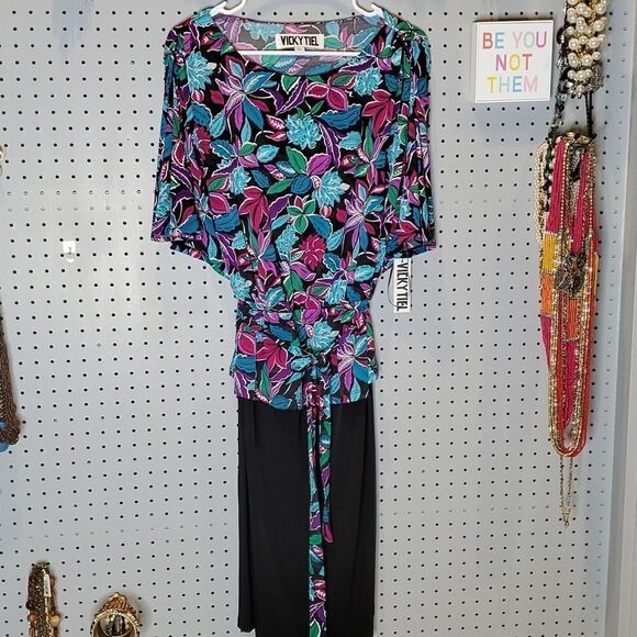 Vicky Tiel Stretchy Modest Floral Peplum Tie Waist Dress, Sz XL, NWT Career Midi - Picture 1 of 8